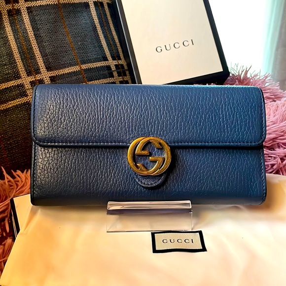 Gucci Handbags - Gucci Indigo Blue pebbled leather Dollar Interlocking G Logo Continental Wallet